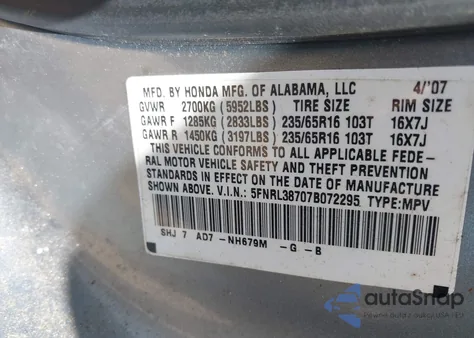 2007 Honda Odyssey Ex-L z USA, uszkodzony, nr VIN 5FNRL38707B072295